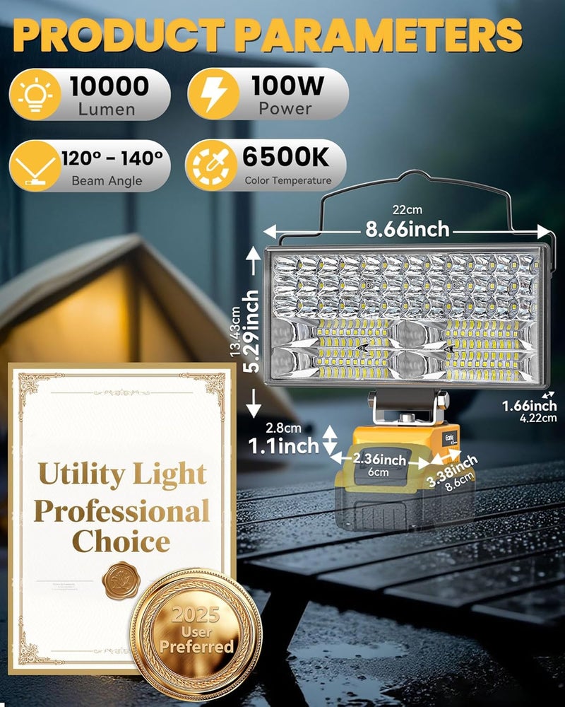 Ecarke LED Work Light Compatible with DeWALT 20V, 100W 10000LM Cordless Flashlight, 7" Battery Flood Light with Low Voltage Protect for Emergency, Job Site & Security Lighting, Battery Not Included - Image 2